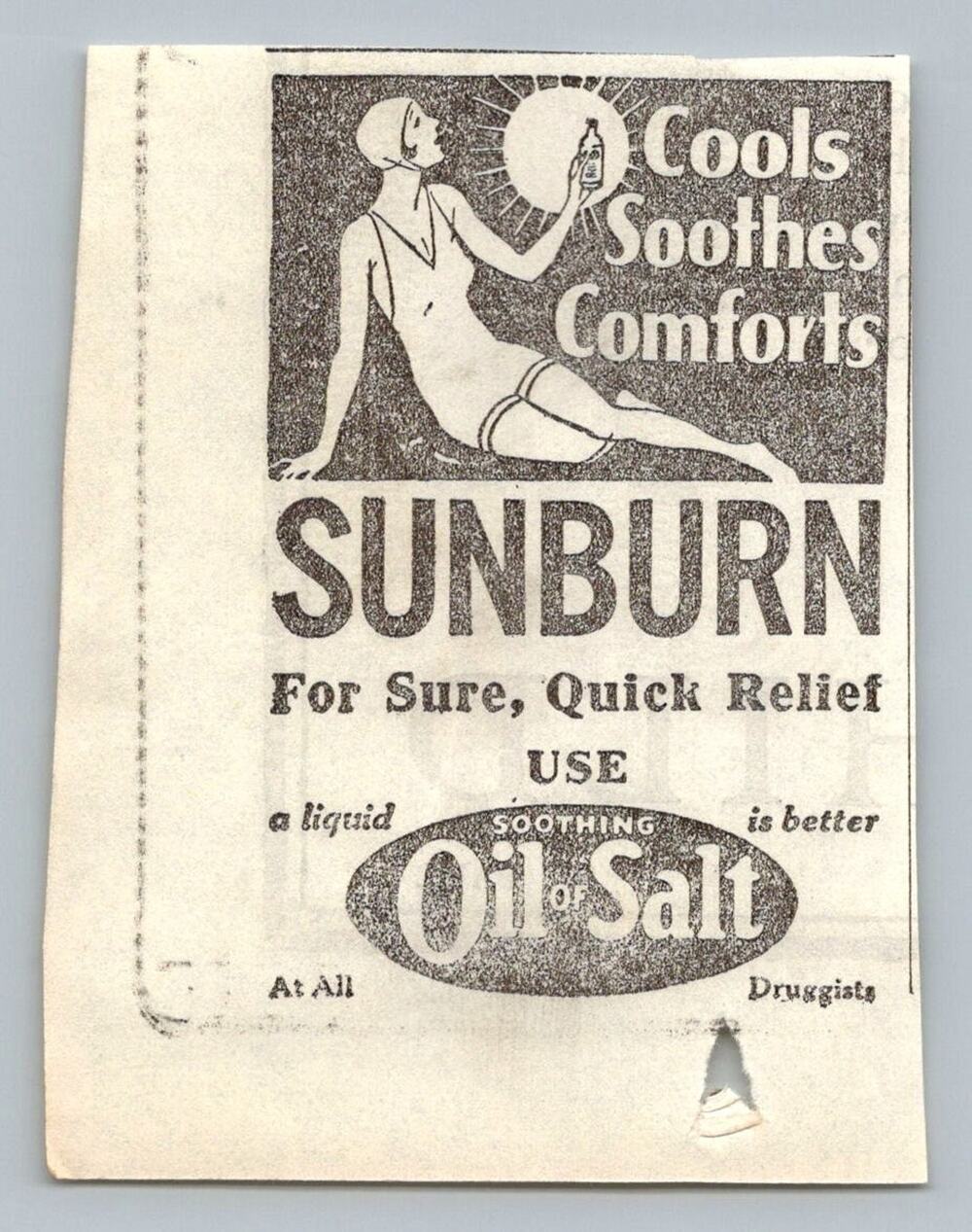 Vintage 1930s Sunburn Remedy Print Ad Ephemera Oil of Salt Flapper Era